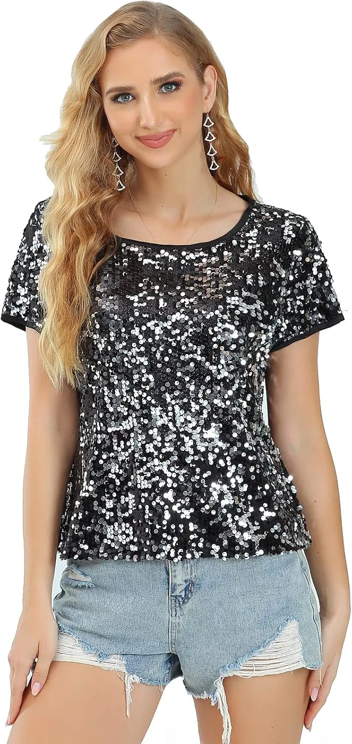 Womens Full Sequin Sparkle Tops Shimmer Glitter Round Neck Short Sleeve Shirt Summer Disco Party Tee Shirts Tunic Blouse