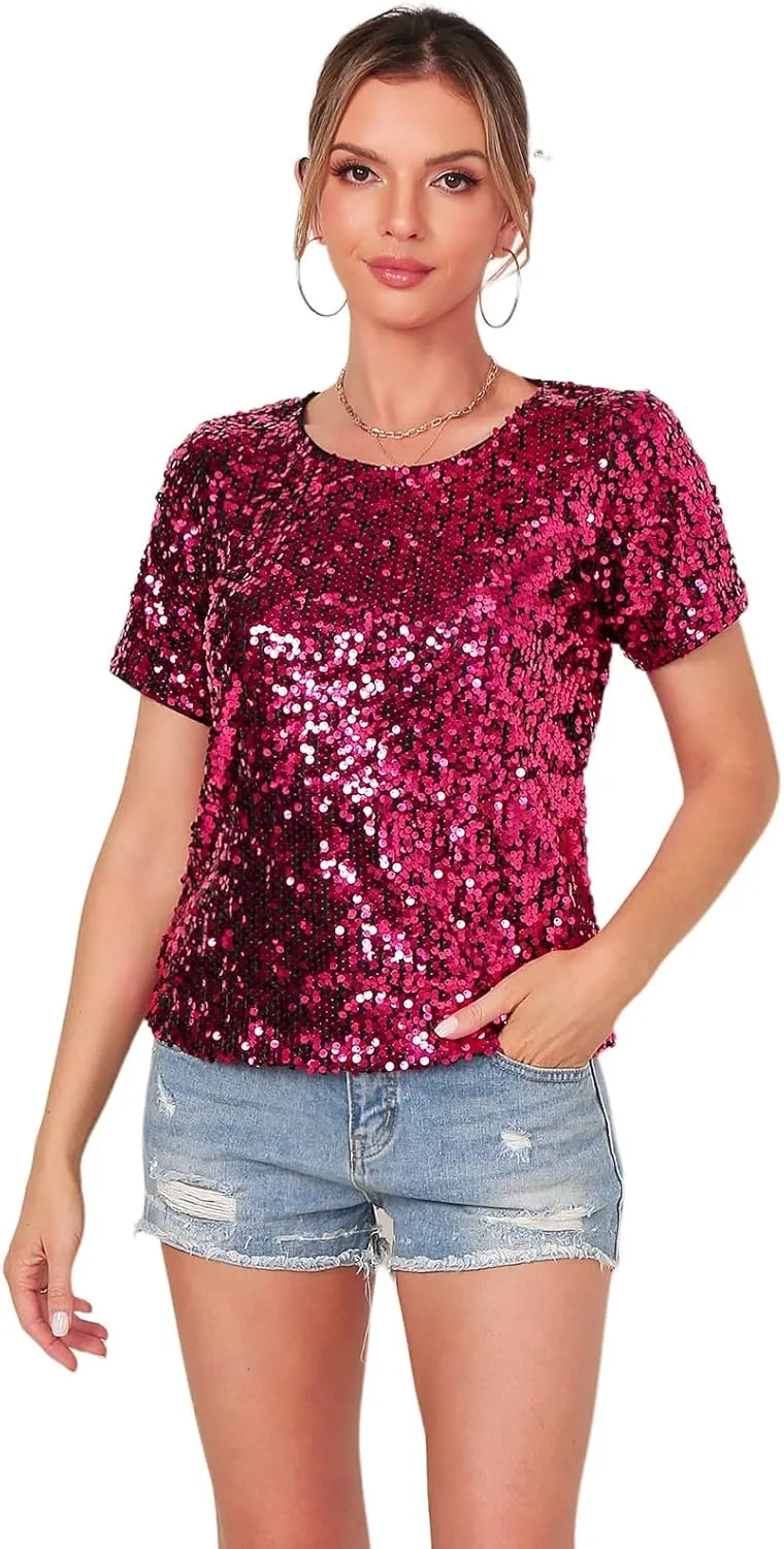 Womens Full Sequin Sparkle Tops Shimmer Glitter Round Neck Short Sleeve Shirt Summer Disco Party Tee Shirts Tunic Blouse
