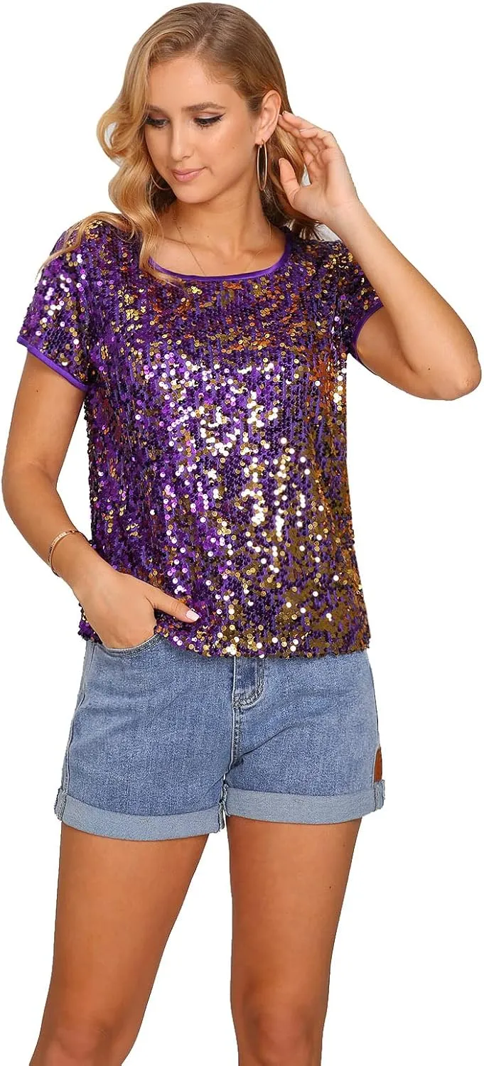 Womens Full Sequin Sparkle Tops Shimmer Glitter Round Neck Short Sleeve Shirt Summer Disco Party Tee Shirts Tunic Blouse