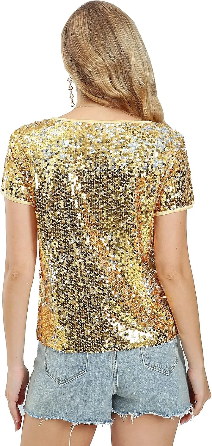Womens Full Sequin Sparkle Tops Shimmer Glitter Round Neck Short Sleeve Shirt Summer Disco Party Tee Shirts Tunic Blouse