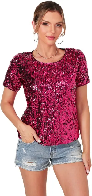 Womens Full Sequin Sparkle Tops Shimmer Glitter Round Neck Short Sleeve Shirt Summer Disco Party Tee Shirts Tunic Blouse