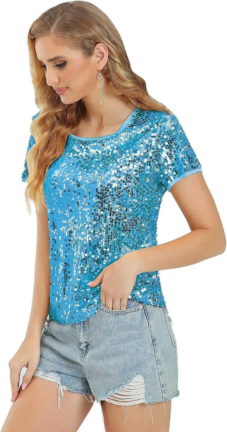 Womens Full Sequin Sparkle Tops Shimmer Glitter Round Neck Short Sleeve Shirt Summer Disco Party Tee Shirts Tunic Blouse