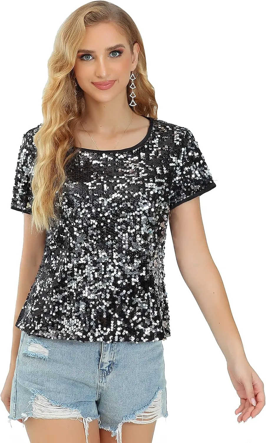 Womens Full Sequin Sparkle Tops Shimmer Glitter Round Neck Short Sleeve Shirt Summer Disco Party Tee Shirts Tunic Blouse