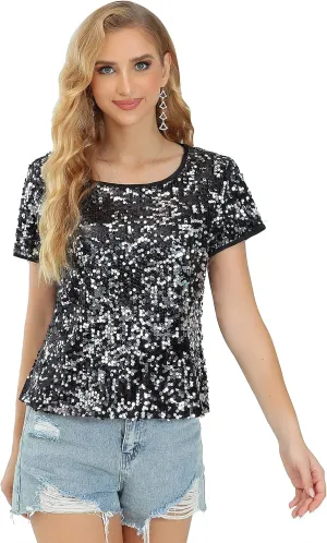 Womens Full Sequin Sparkle Tops Shimmer Glitter Round Neck Short Sleeve Shirt Summer Disco Party Tee Shirts Tunic Blouse
