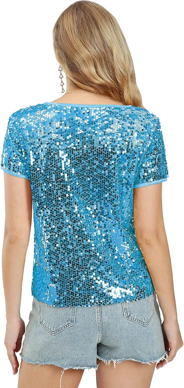 Womens Full Sequin Sparkle Tops Shimmer Glitter Round Neck Short Sleeve Shirt Summer Disco Party Tee Shirts Tunic Blouse