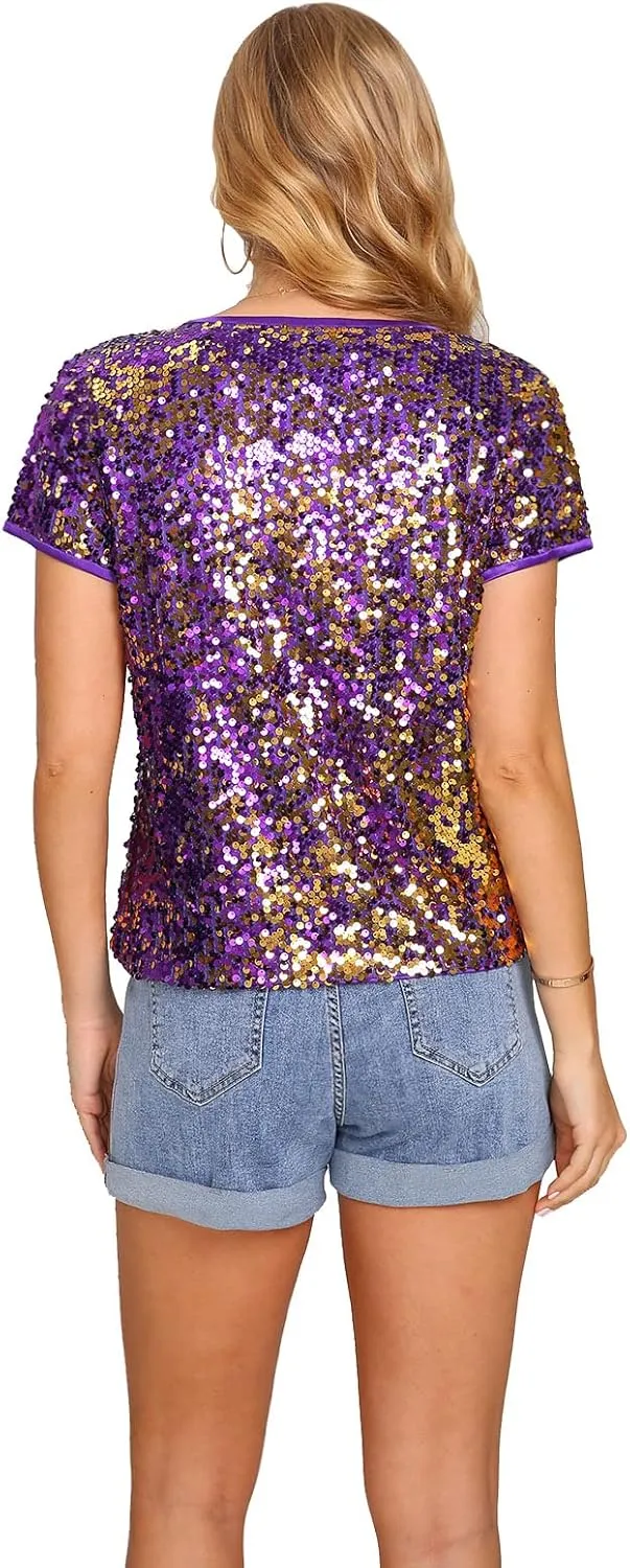 Womens Full Sequin Sparkle Tops Shimmer Glitter Round Neck Short Sleeve Shirt Summer Disco Party Tee Shirts Tunic Blouse