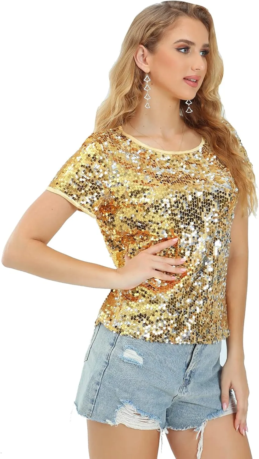 Womens Full Sequin Sparkle Tops Shimmer Glitter Round Neck Short Sleeve Shirt Summer Disco Party Tee Shirts Tunic Blouse