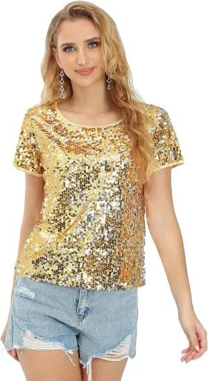 Womens Full Sequin Sparkle Tops Shimmer Glitter Round Neck Short Sleeve Shirt Summer Disco Party Tee Shirts Tunic Blouse