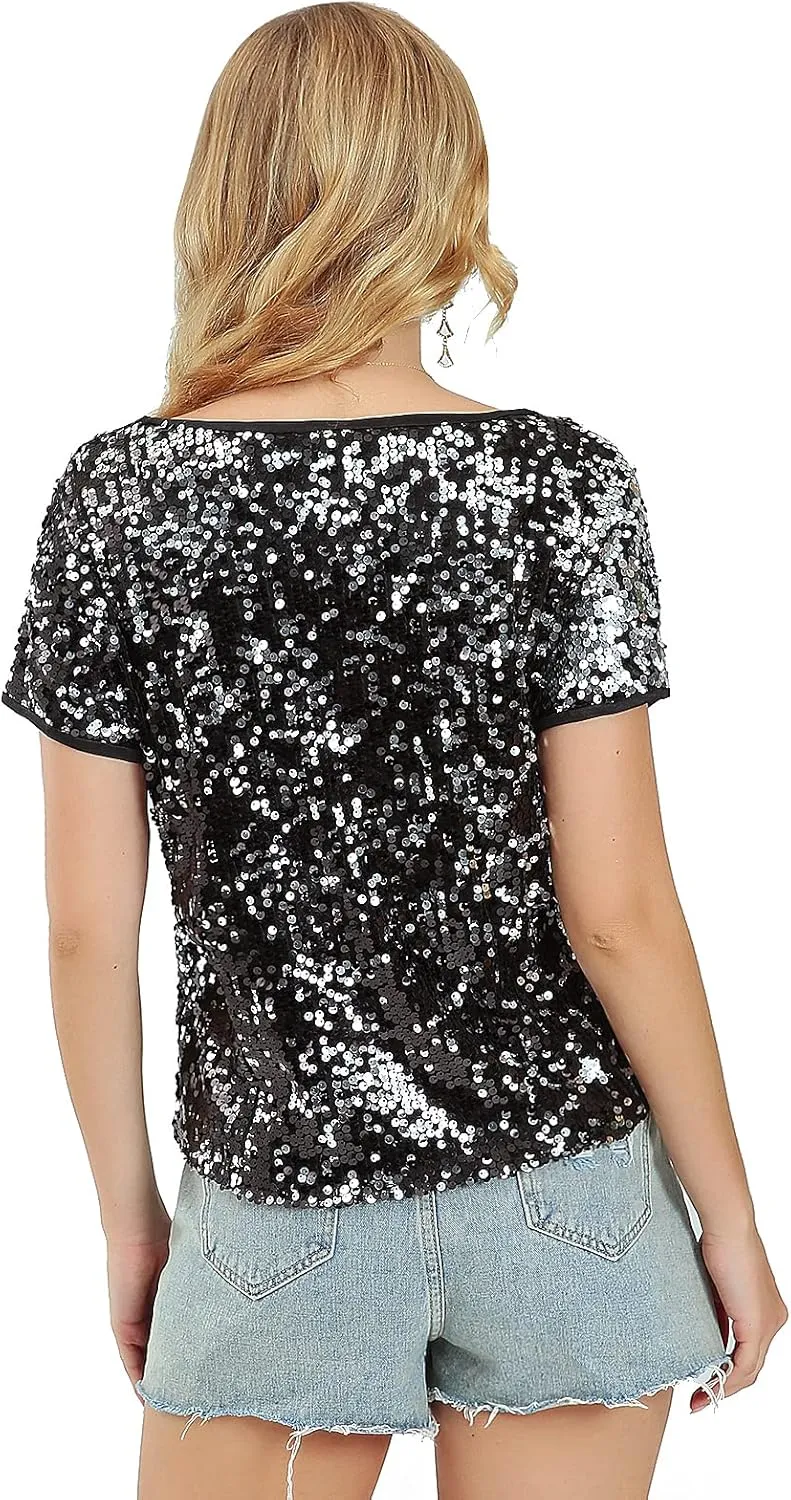 Womens Full Sequin Sparkle Tops Shimmer Glitter Round Neck Short Sleeve Shirt Summer Disco Party Tee Shirts Tunic Blouse