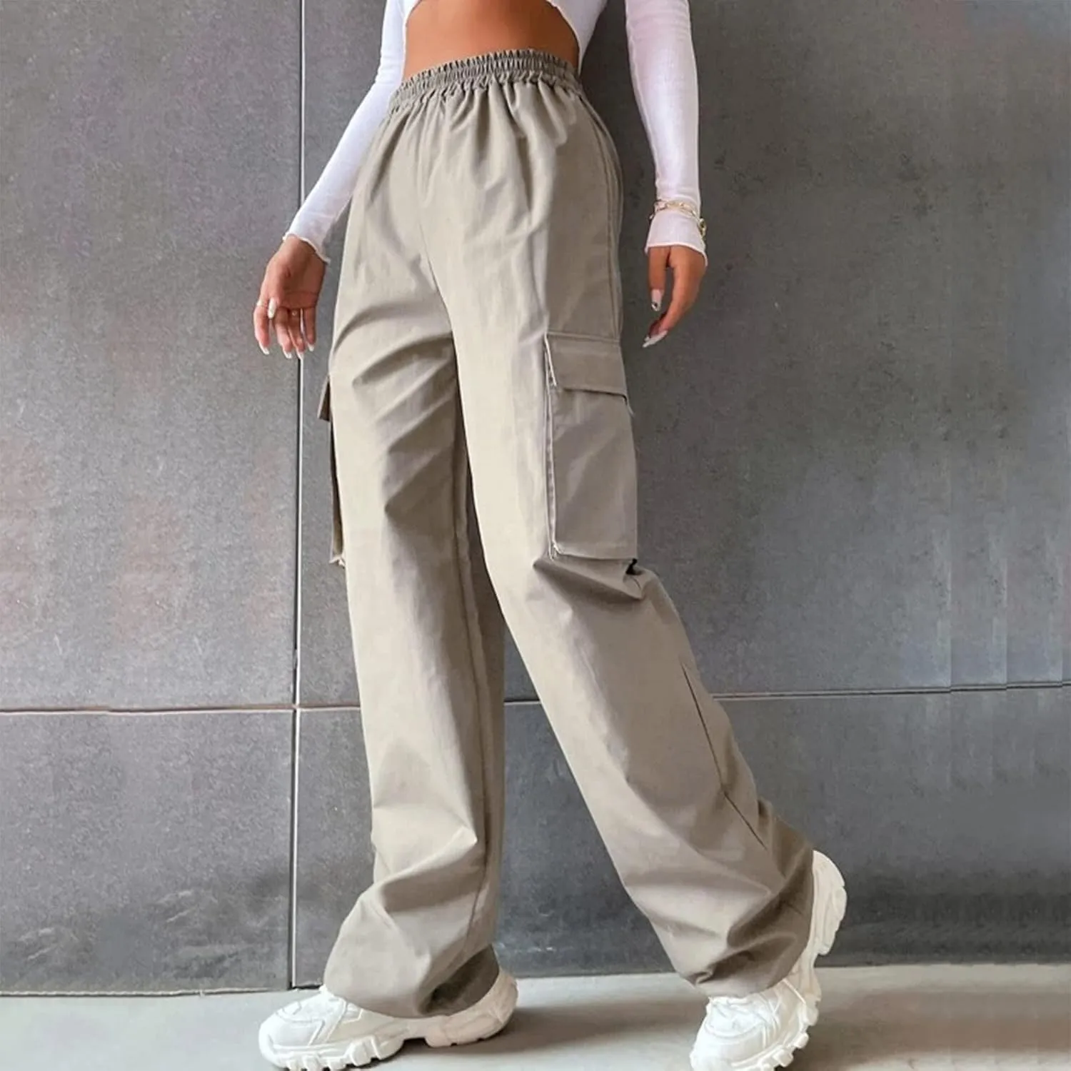 Women's High Waisted Cargo Pants Wide Leg Casual Pants Multi Pockets Straight Trousers Combat Military Trousers