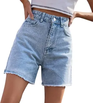 Womens Jean Shorts Distressed High Waisted Raw Hem Casual Denim Shorts Summer Fashion Stretchy Bottoms with Pockets