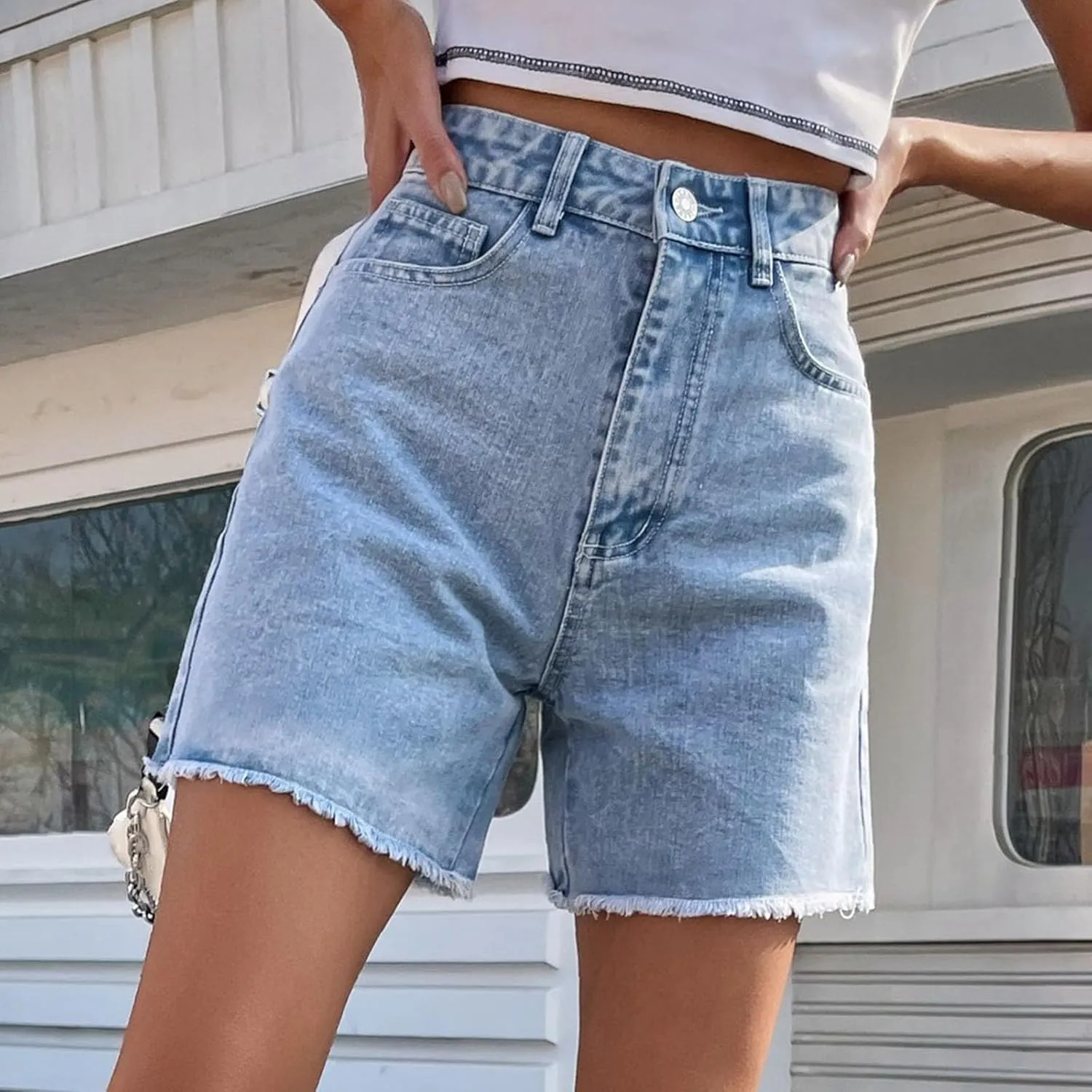 Womens Jean Shorts Distressed High Waisted Raw Hem Casual Denim Shorts Summer Fashion Stretchy Bottoms with Pockets