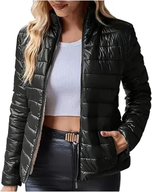 Women's Lightweight Quilted Jackets Winter Casual Sherpa Fleece Lined Padded Down Jackets Trendy Cropped Puffer Coats