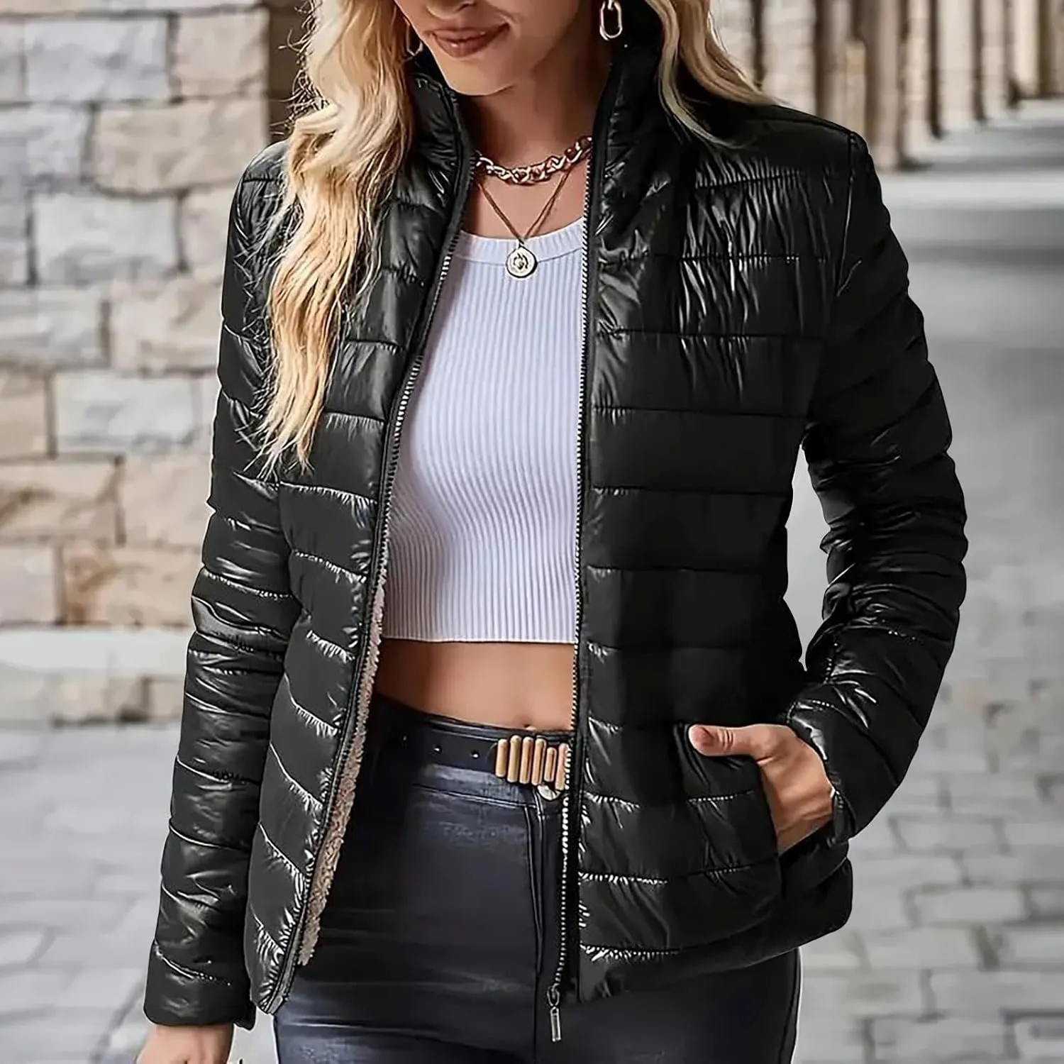 Women's Lightweight Quilted Jackets Winter Casual Sherpa Fleece Lined Padded Down Jackets Trendy Cropped Puffer Coats
