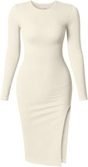 Women's Long Sleeve Midi Dress Crew Neck Slim Fit Sweater Dress Ribbed Knit Fall Slit Bodycon Dresses 2024