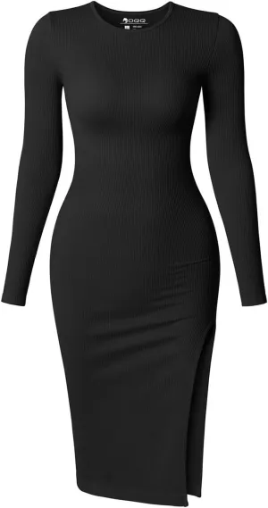 Women's Long Sleeve Midi Dress Crew Neck Slim Fit Sweater Dress Ribbed Knit Fall Slit Bodycon Dresses 2024