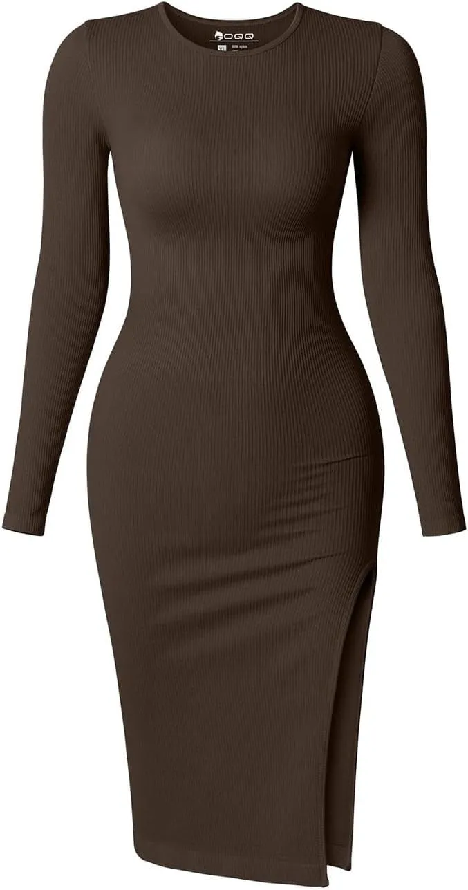 Women's Long Sleeve Midi Dress Crew Neck Slim Fit Sweater Dress Ribbed Knit Fall Slit Bodycon Dresses 2024