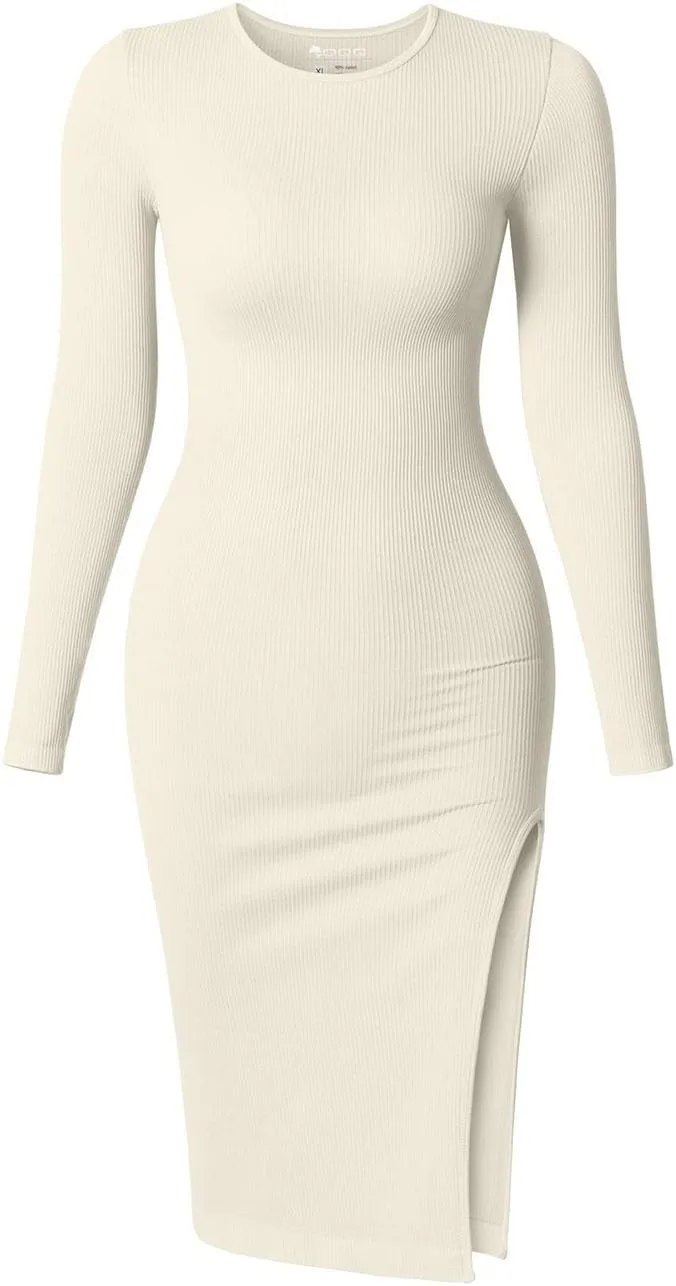 Women's Long Sleeve Midi Dress Crew Neck Slim Fit Sweater Dress Ribbed Knit Fall Slit Bodycon Dresses 2024