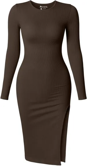 Women's Long Sleeve Midi Dress Crew Neck Slim Fit Sweater Dress Ribbed Knit Fall Slit Bodycon Dresses 2024