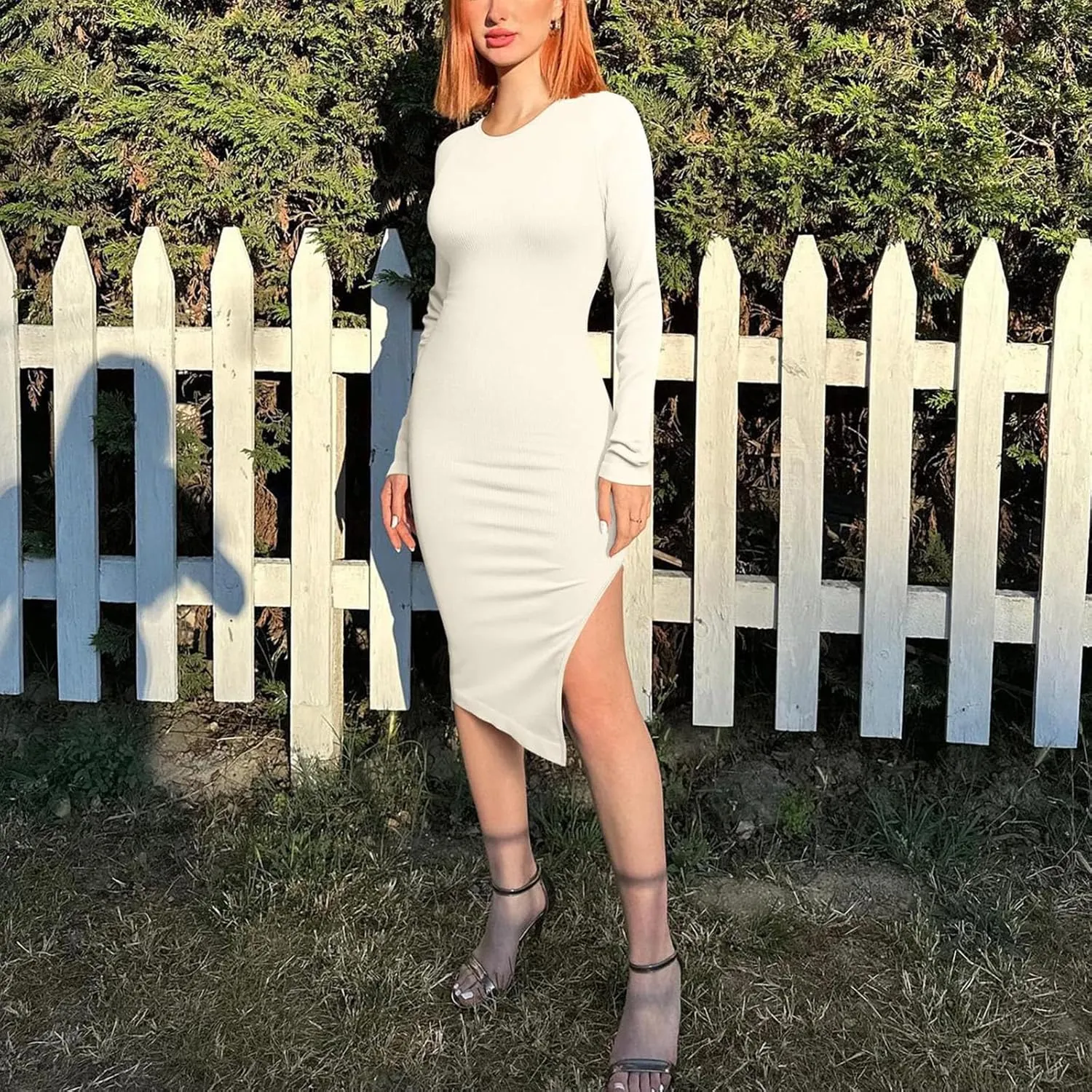Women's Long Sleeve Midi Dress Crew Neck Slim Fit Sweater Dress Ribbed Knit Fall Slit Bodycon Dresses 2024