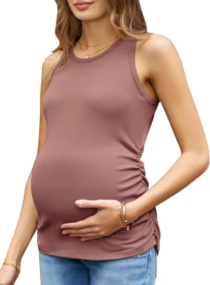 Women's Maternity Tank Tops Summer Sleeveless Crew Neck Ribbed Knit Slim Fitted Blouse Side Ruched Pregnancy Shirts