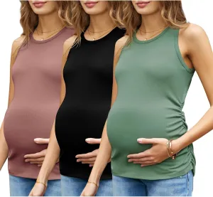 Women's Maternity Tank Tops Summer Sleeveless Crew Neck Ribbed Knit Slim Fitted Blouse Side Ruched Pregnancy Shirts