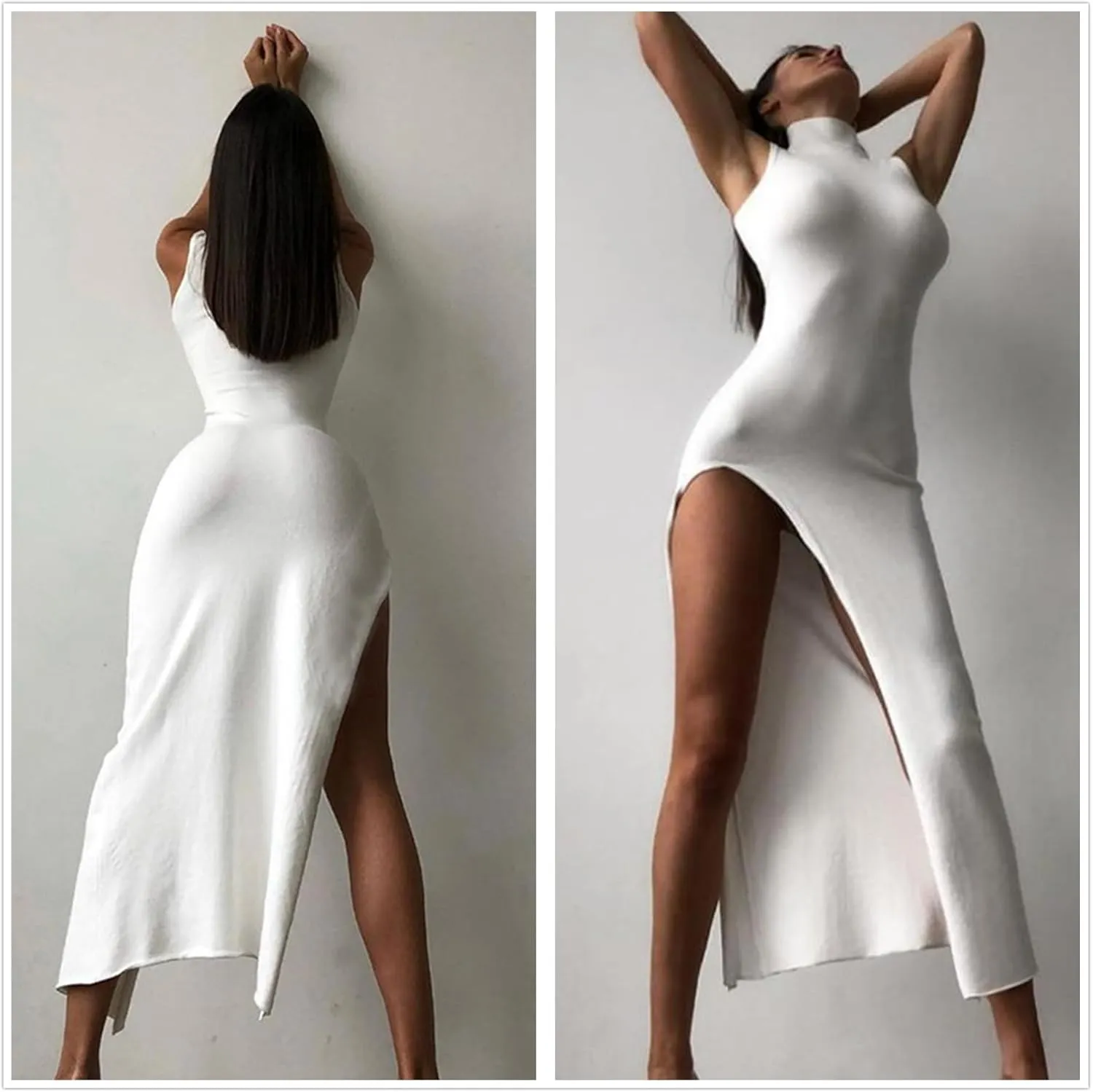 Womens Mock Neck High Split Maxi Dress Bodycon Sleeveless Evening Cocktail Party Long Dress