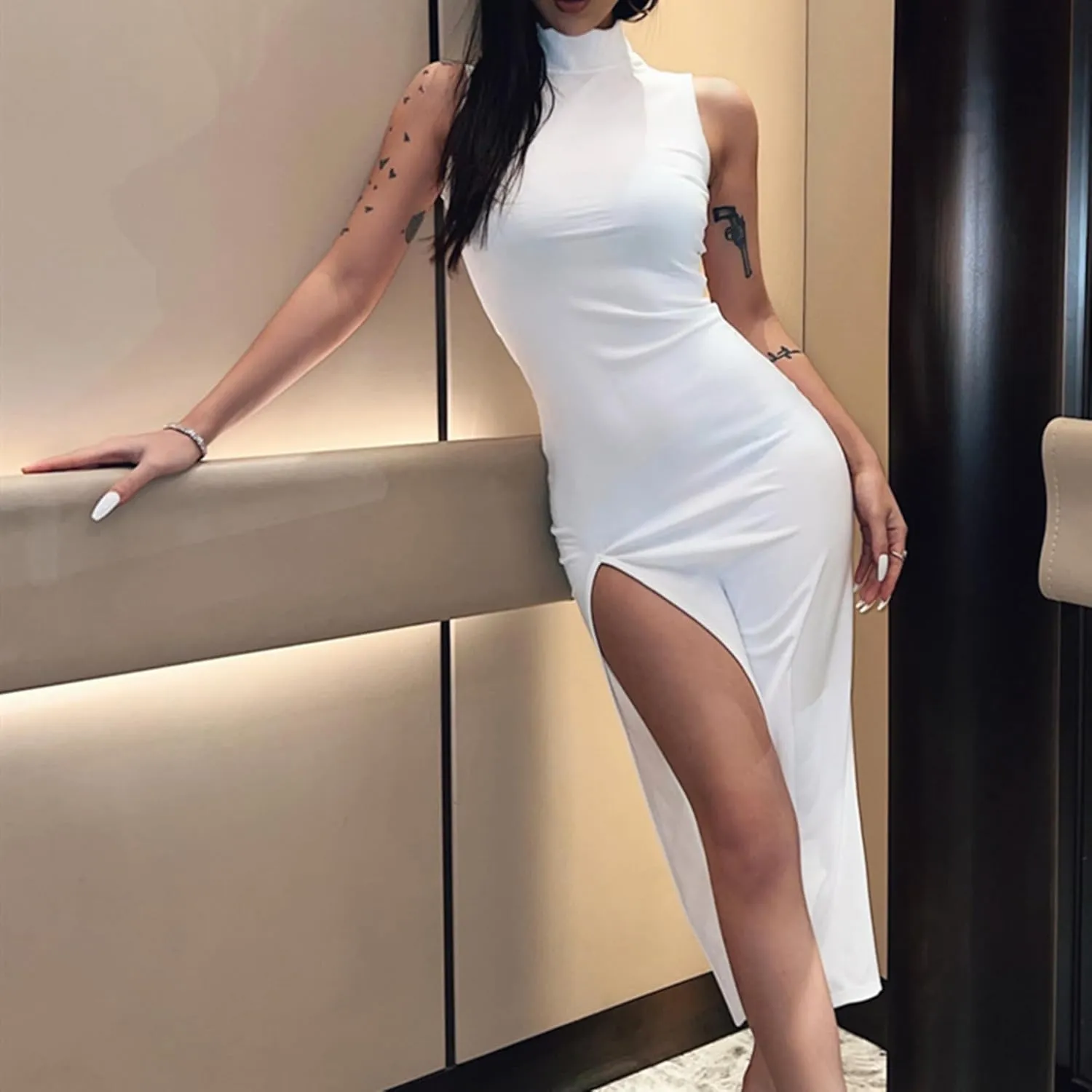 Womens Mock Neck High Split Maxi Dress Bodycon Sleeveless Evening Cocktail Party Long Dress