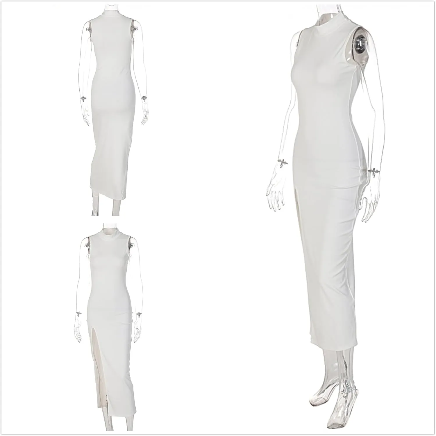Womens Mock Neck High Split Maxi Dress Bodycon Sleeveless Evening Cocktail Party Long Dress