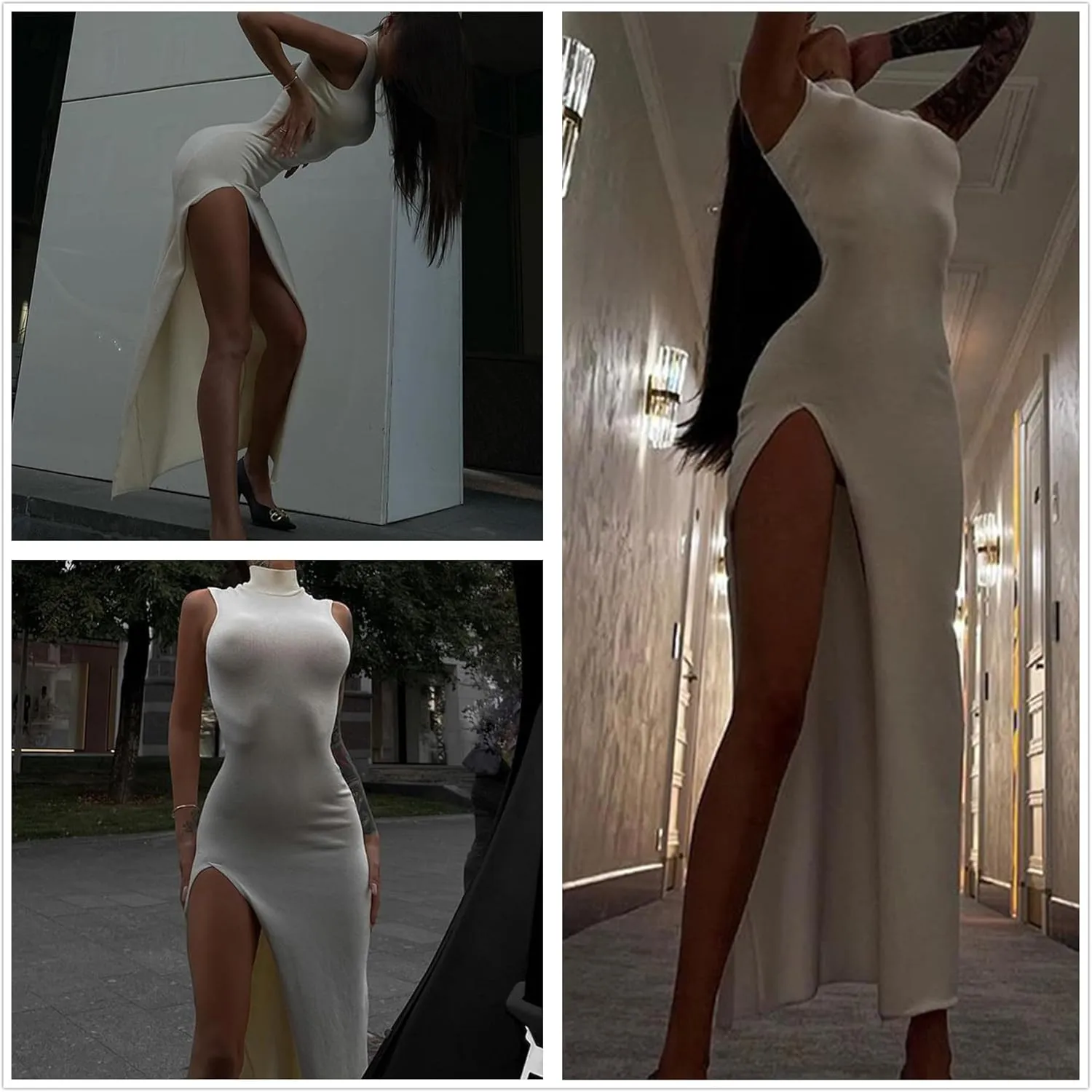 Womens Mock Neck High Split Maxi Dress Bodycon Sleeveless Evening Cocktail Party Long Dress