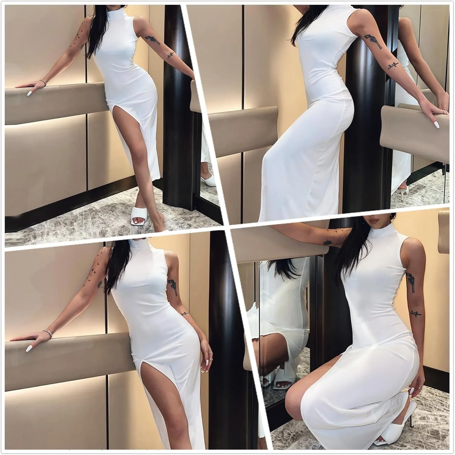 Womens Mock Neck High Split Maxi Dress Bodycon Sleeveless Evening Cocktail Party Long Dress