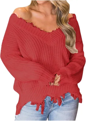 Womens Off The Shoulder V Neck Sweaters Cropped Casual Loose Chunky Knit Sweater Winter Spring Trendy Jumper Tops