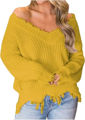 Womens Off The Shoulder V Neck Sweaters Cropped Casual Loose Chunky Knit Sweater Winter Spring Trendy Jumper Tops