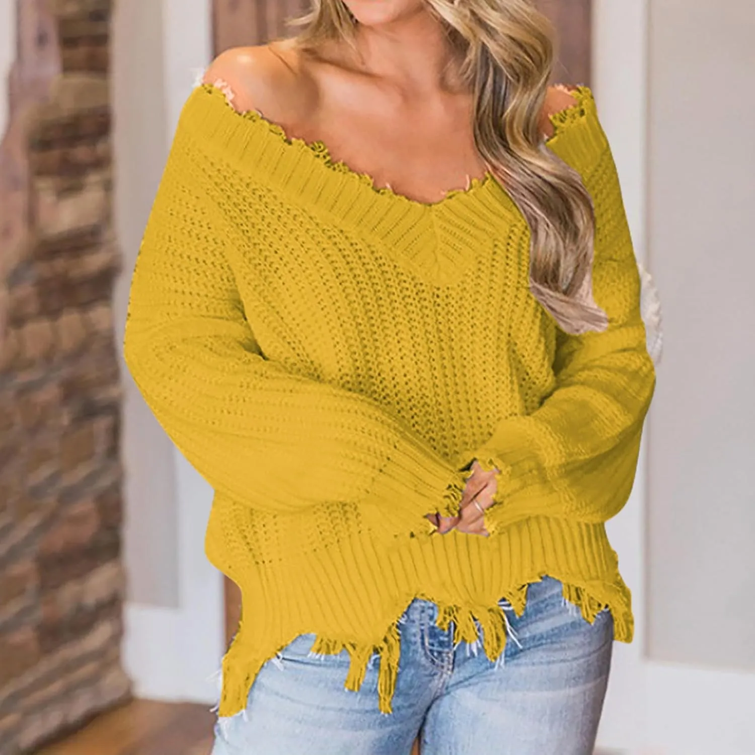 Womens Off The Shoulder V Neck Sweaters Cropped Casual Loose Chunky Knit Sweater Winter Spring Trendy Jumper Tops