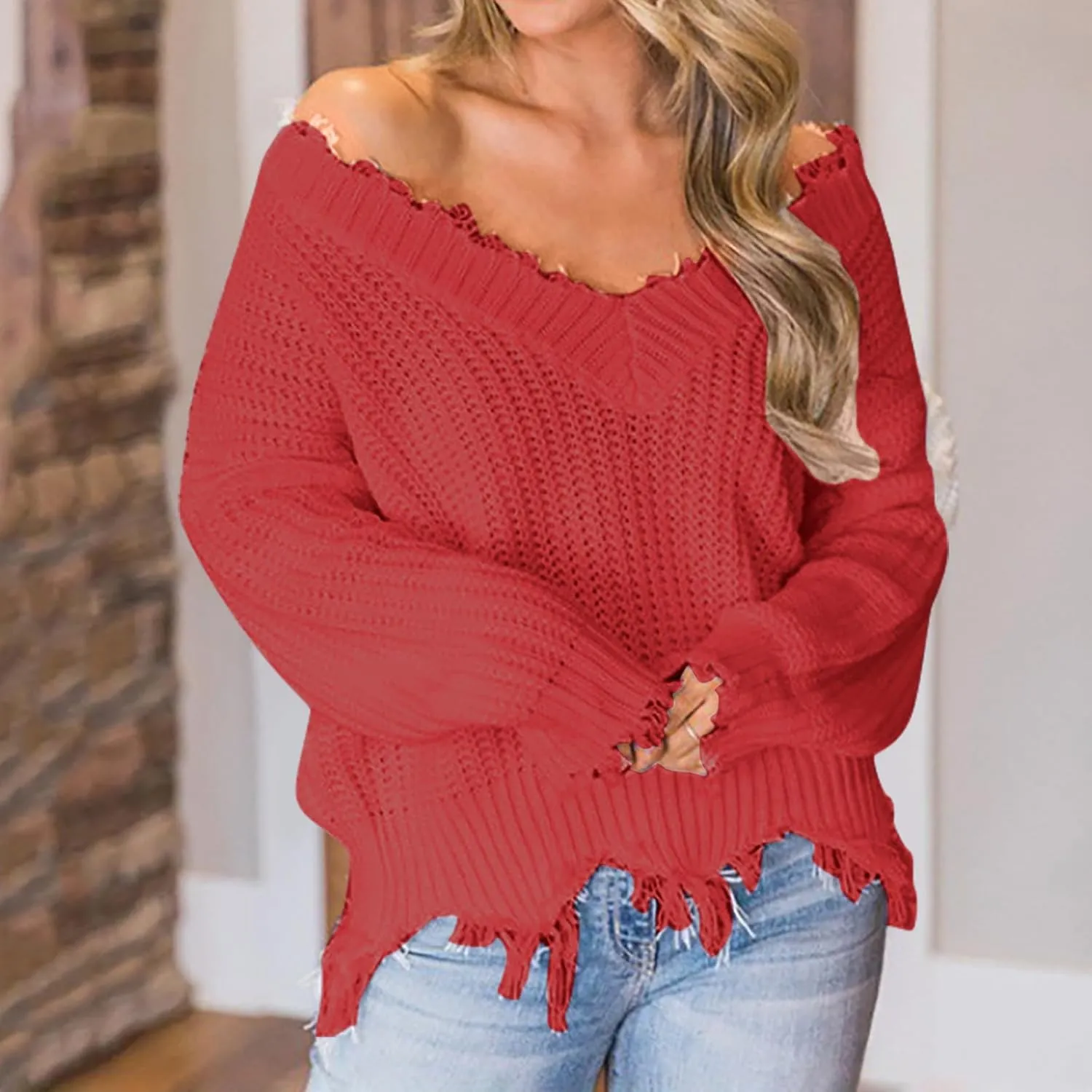 Womens Off The Shoulder V Neck Sweaters Cropped Casual Loose Chunky Knit Sweater Winter Spring Trendy Jumper Tops