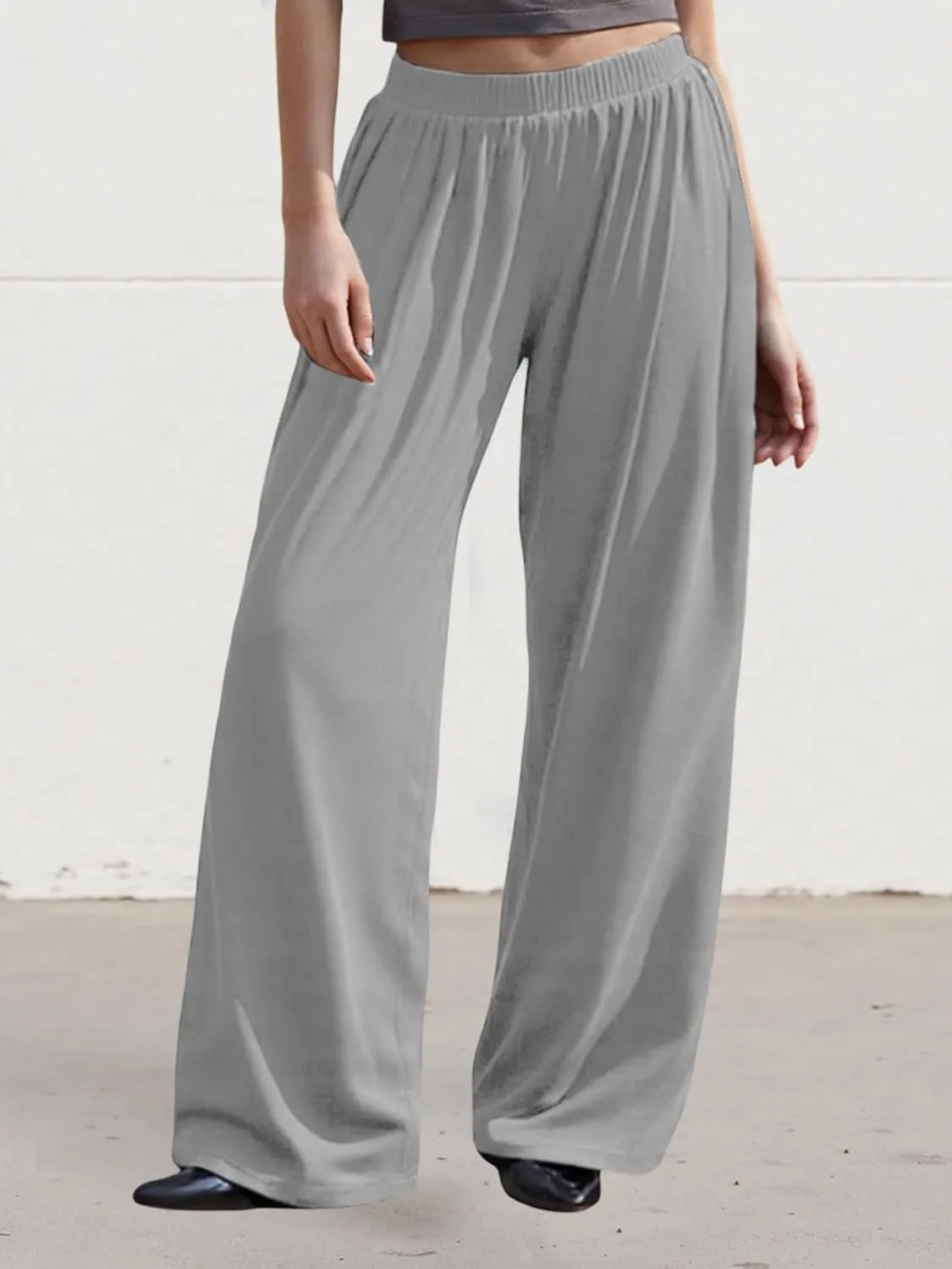 Womens Plus Size Baggy Pants Elastic Band Solid Loose Fit Straight Wide Leg Long Trousers Casual Bottoms