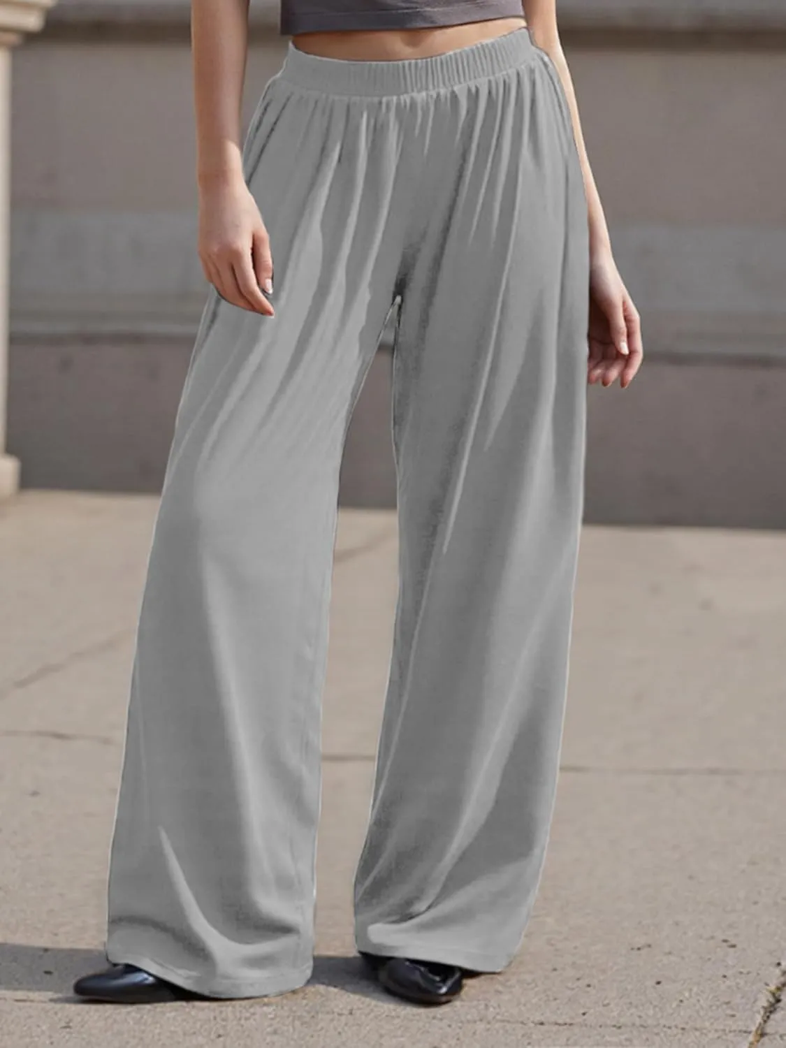 Womens Plus Size Baggy Pants Elastic Band Solid Loose Fit Straight Wide Leg Long Trousers Casual Bottoms