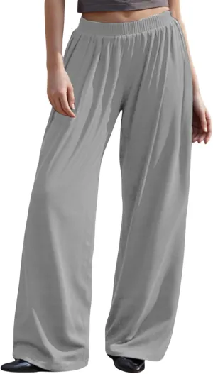 Womens Plus Size Baggy Pants Elastic Band Solid Loose Fit Straight Wide Leg Long Trousers Casual Bottoms