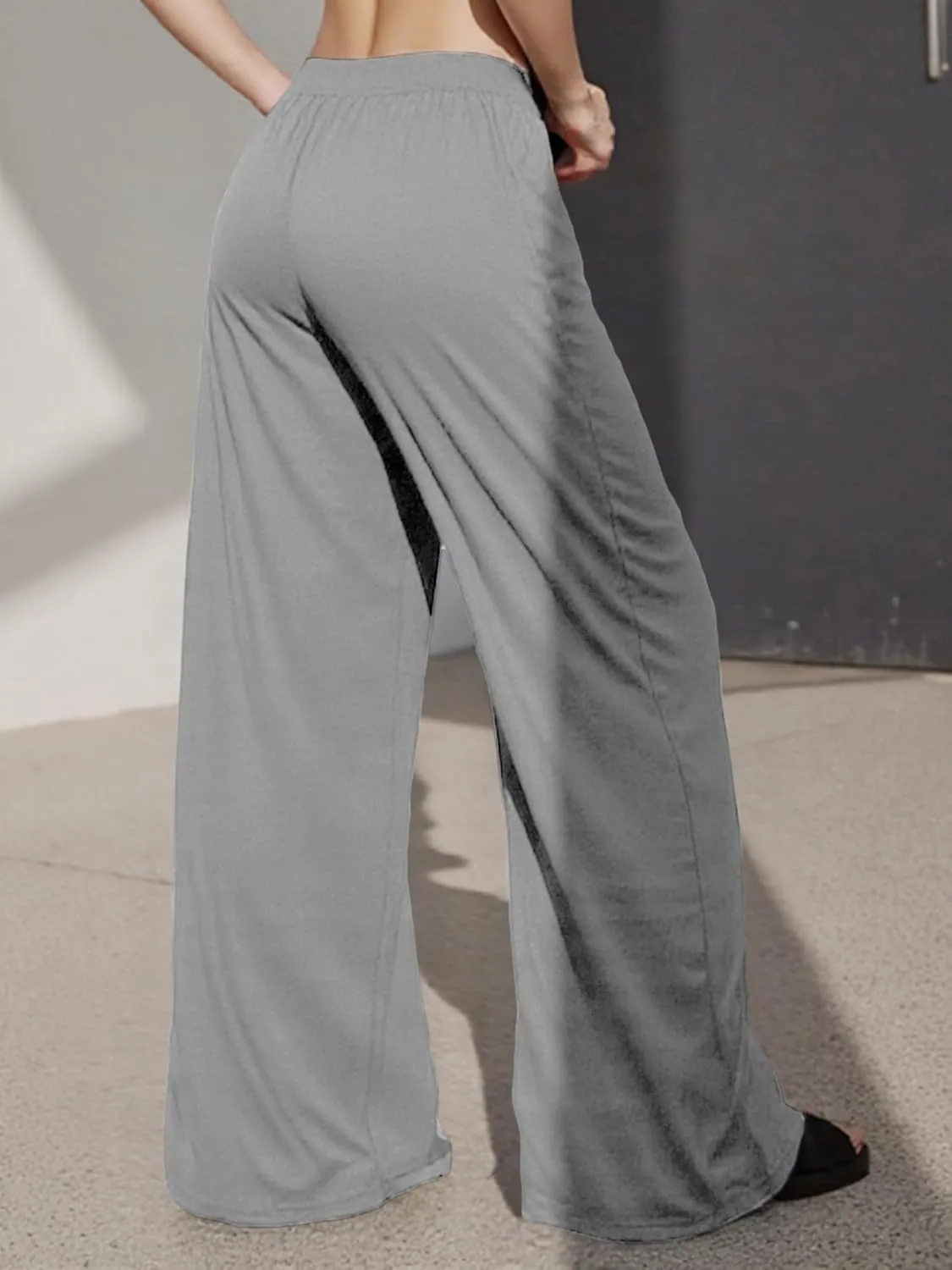 Womens Plus Size Baggy Pants Elastic Band Solid Loose Fit Straight Wide Leg Long Trousers Casual Bottoms