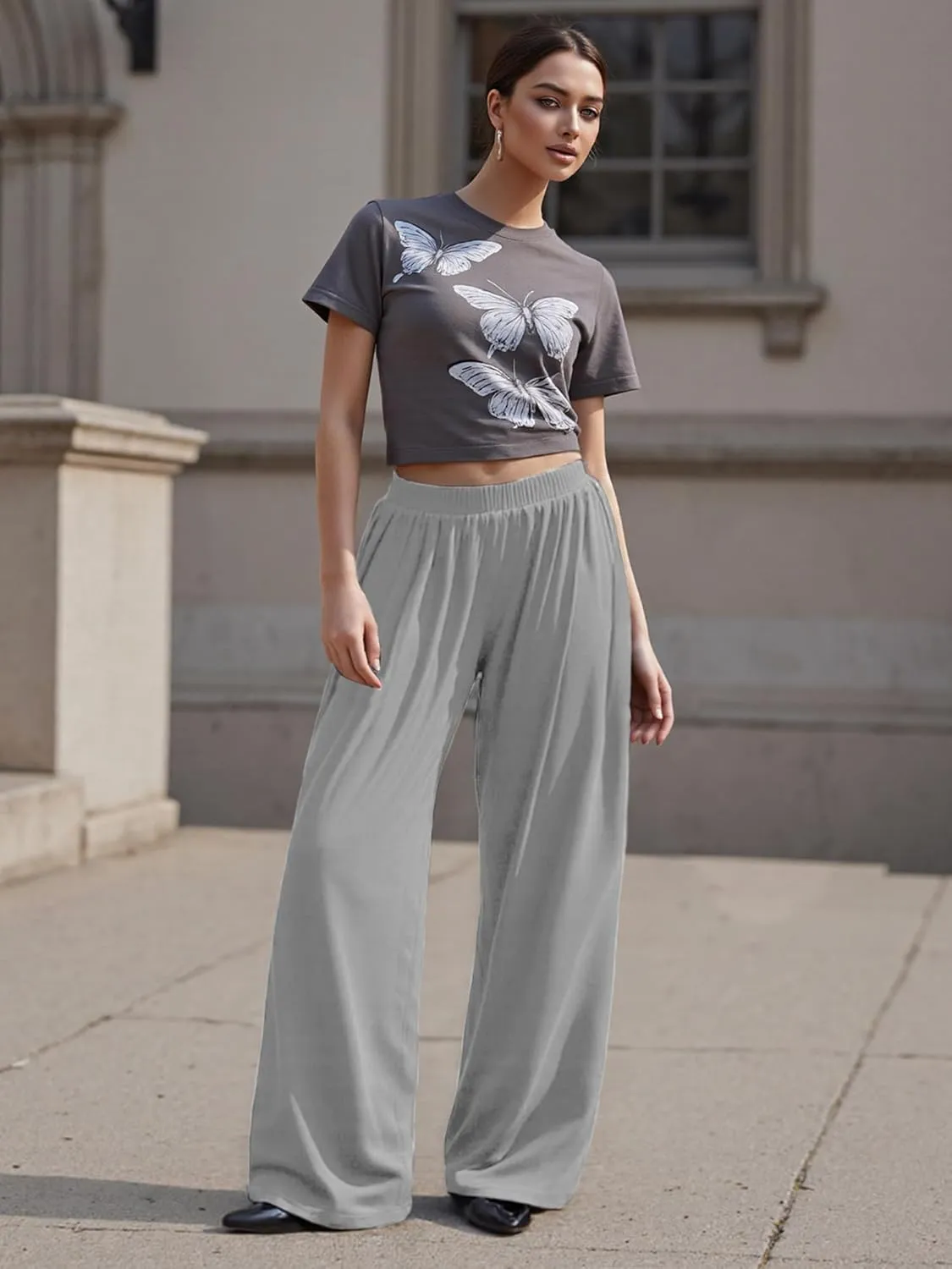 Womens Plus Size Baggy Pants Elastic Band Solid Loose Fit Straight Wide Leg Long Trousers Casual Bottoms