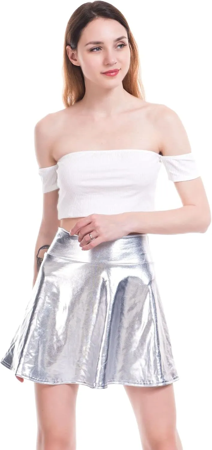 Women's PU Leather Pleated Solid Short Mini Skater Skirt, Umbrella Skirt, Pleated Skirt, Nightclub Stage Club Wear