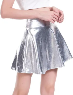 Women's PU Leather Pleated Solid Short Mini Skater Skirt, Umbrella Skirt, Pleated Skirt, Nightclub Stage Club Wear