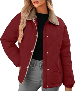 Womens Quilted Lightweight Jackets Button Down Puffer Jacket with Fleece Lapel Winter Coats Padded Down Coats Outwear
