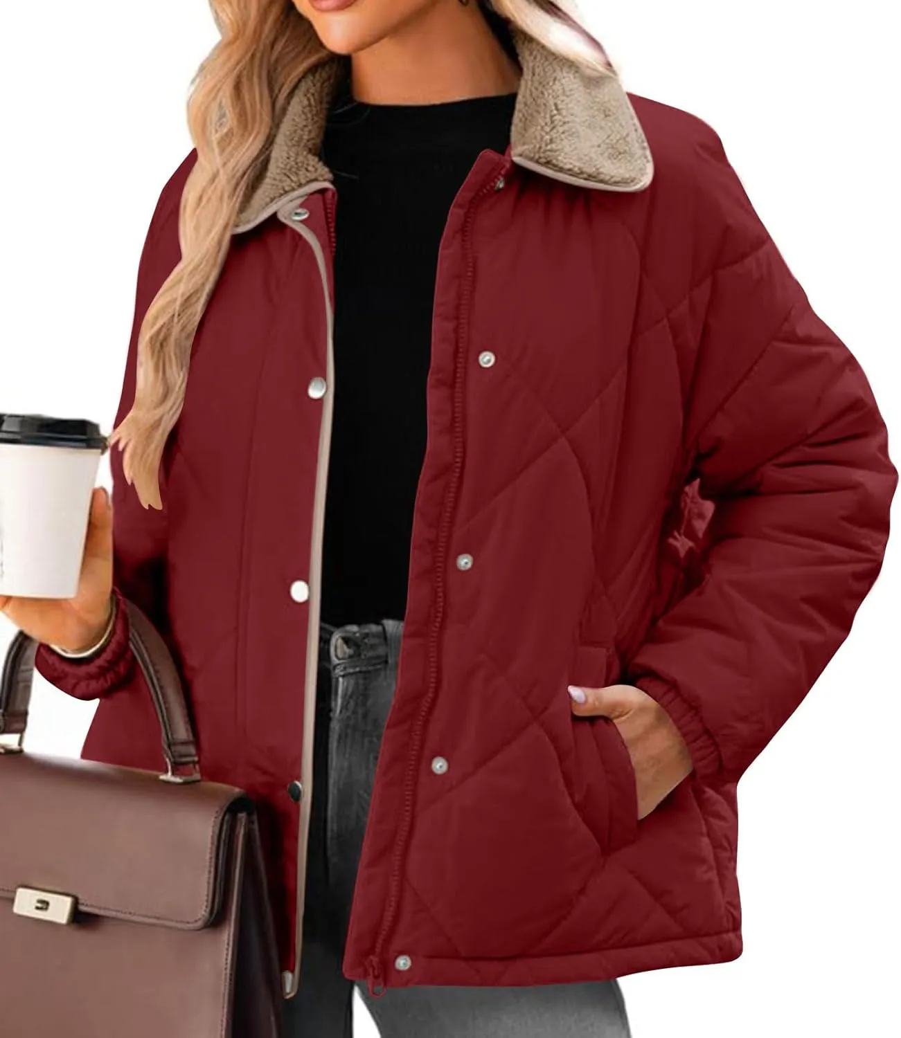 Womens Quilted Lightweight Jackets Button Down Puffer Jacket with Fleece Lapel Winter Coats Padded Down Coats Outwear