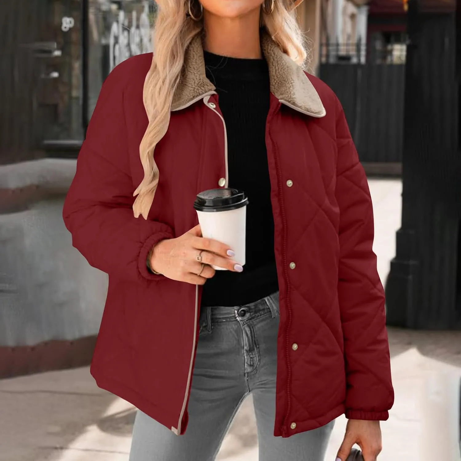 Womens Quilted Lightweight Jackets Button Down Puffer Jacket with Fleece Lapel Winter Coats Padded Down Coats Outwear