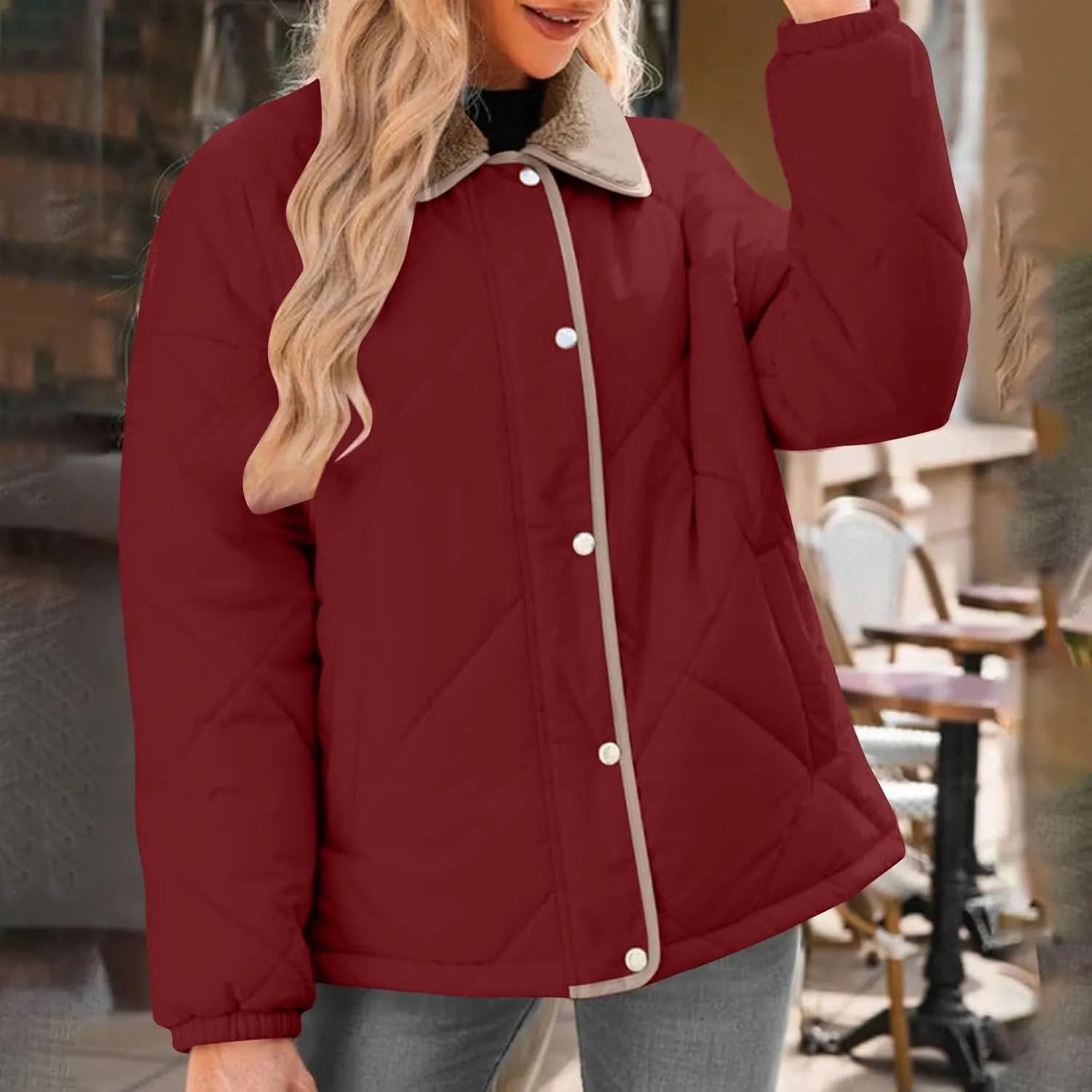 Womens Quilted Lightweight Jackets Button Down Puffer Jacket with Fleece Lapel Winter Coats Padded Down Coats Outwear