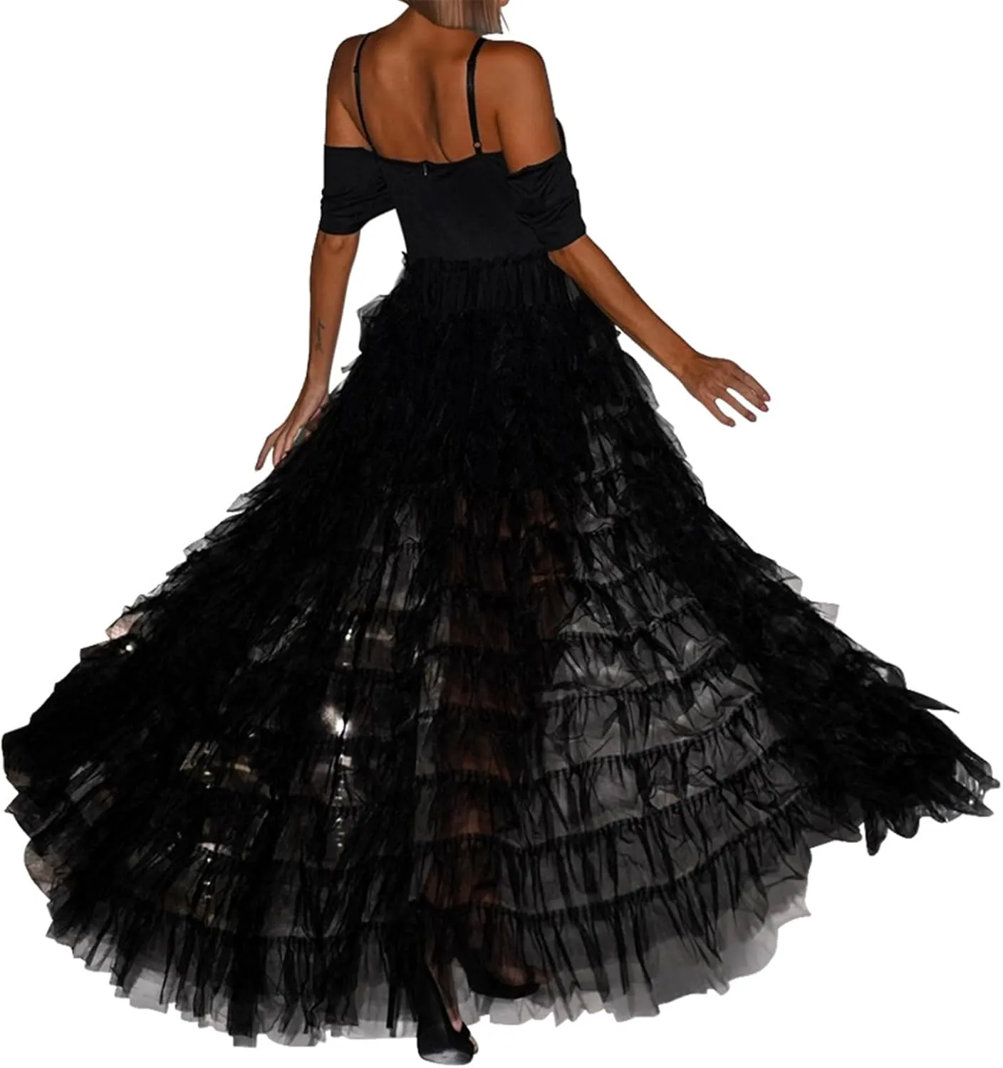 Womens Sexy Cut Off Shoulder Bodycon Party Clubwear Tiered Ruffle Tulle Dress
