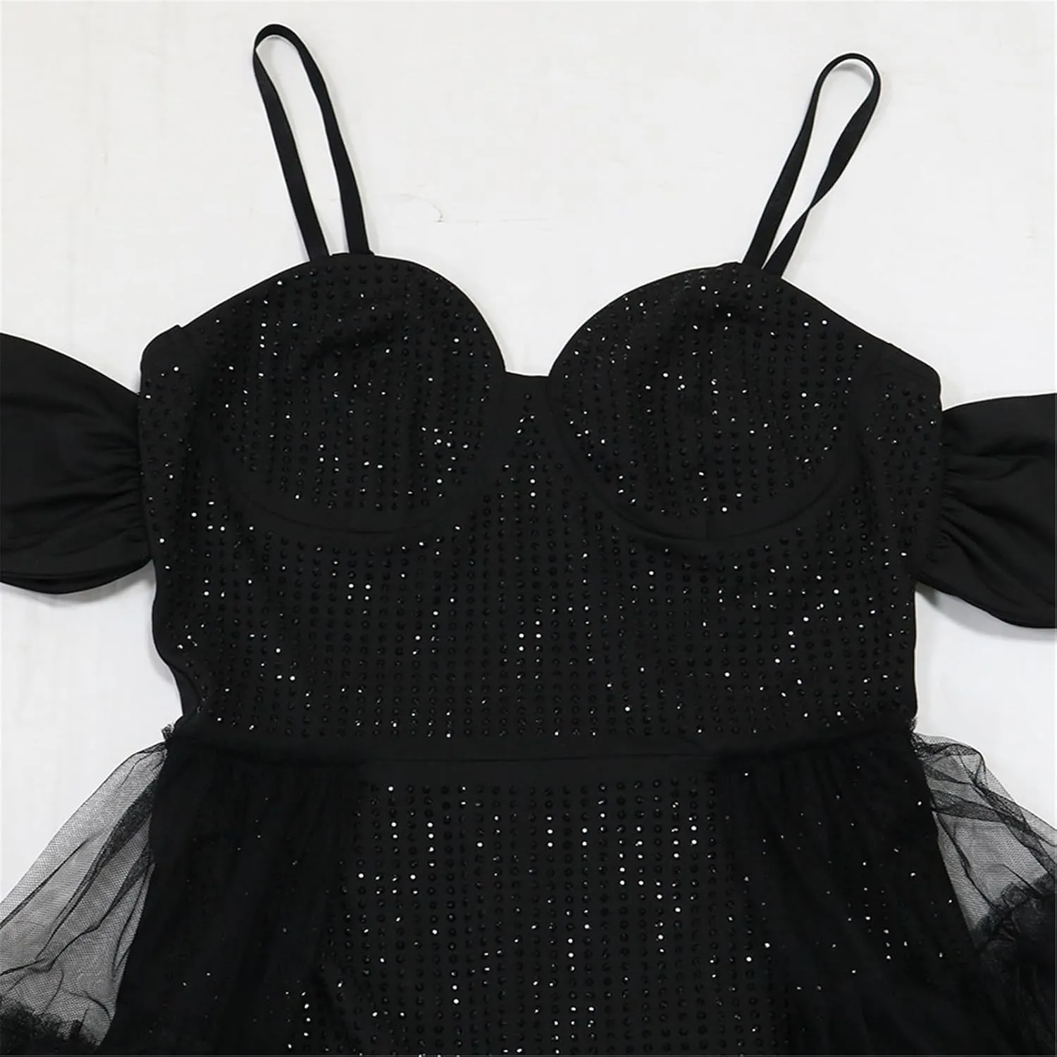 Womens Sexy Cut Off Shoulder Bodycon Party Clubwear Tiered Ruffle Tulle Dress