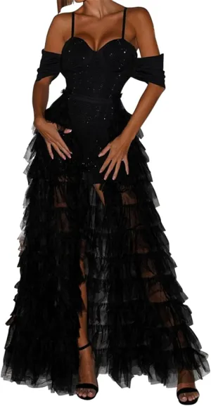 Womens Sexy Cut Off Shoulder Bodycon Party Clubwear Tiered Ruffle Tulle Dress