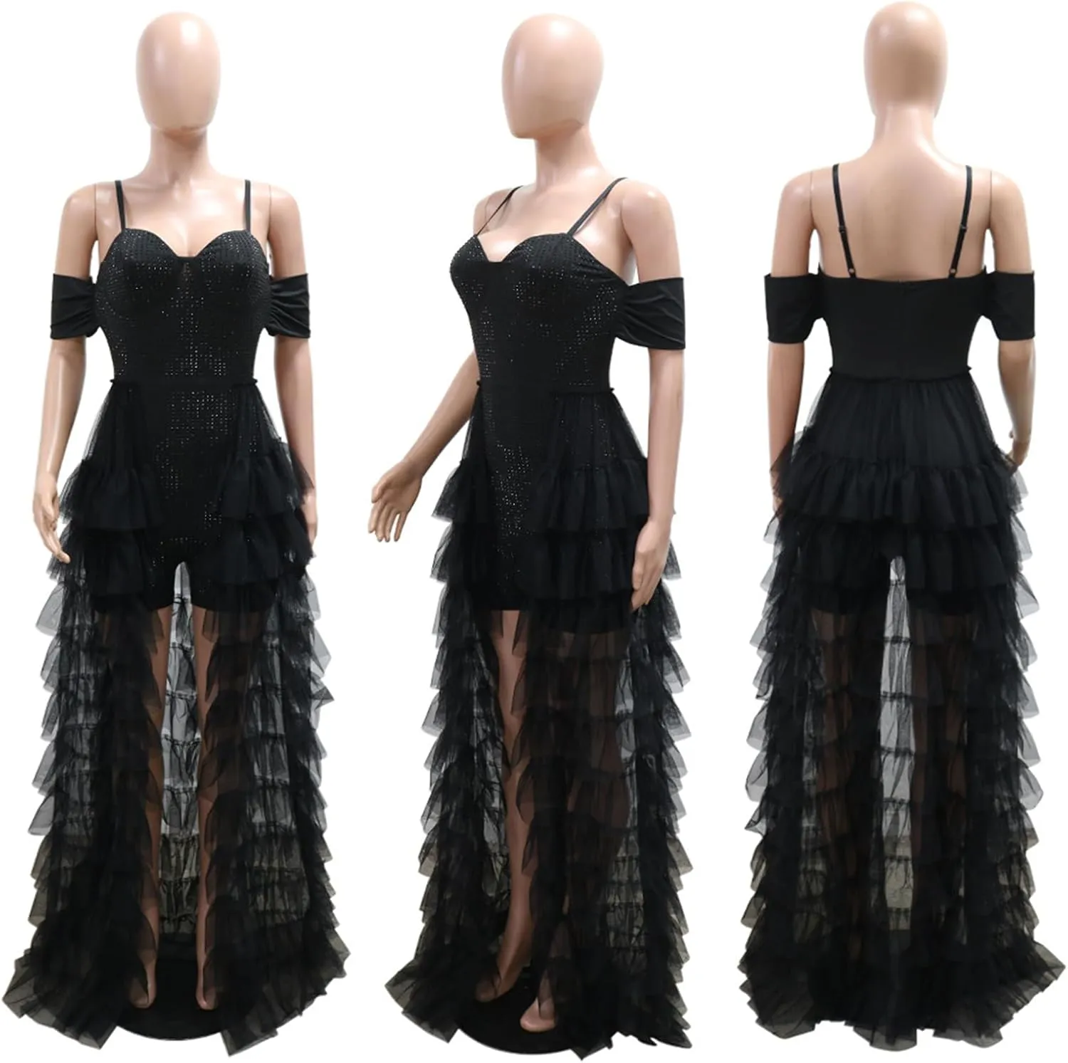 Womens Sexy Cut Off Shoulder Bodycon Party Clubwear Tiered Ruffle Tulle Dress